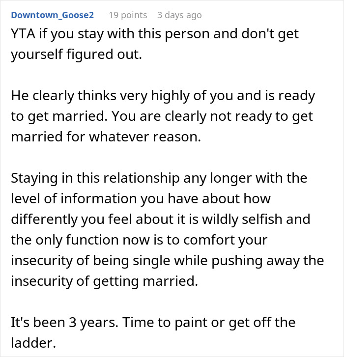 Text image discussing relationship advice, addressing readiness for marriage and decision-making in a proposal scenario. Text image discussing relationship advice, addressing readiness for marriage and decision-making in a proposal scenario.