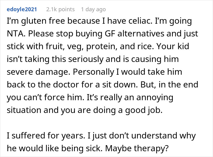 Reddit comment discussing gluten-free diet and advising a mom on managing son's wheat allergy concerns. Reddit comment discussing gluten-free diet and advising a mom on managing son's wheat allergy concerns.