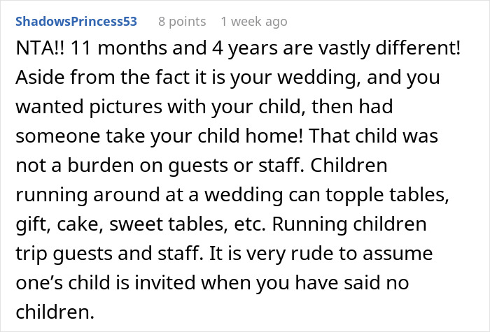 Text from a user, ShadowsPrincess53, discussing children at weddings. Text from a user, ShadowsPrincess53, discussing children at weddings.