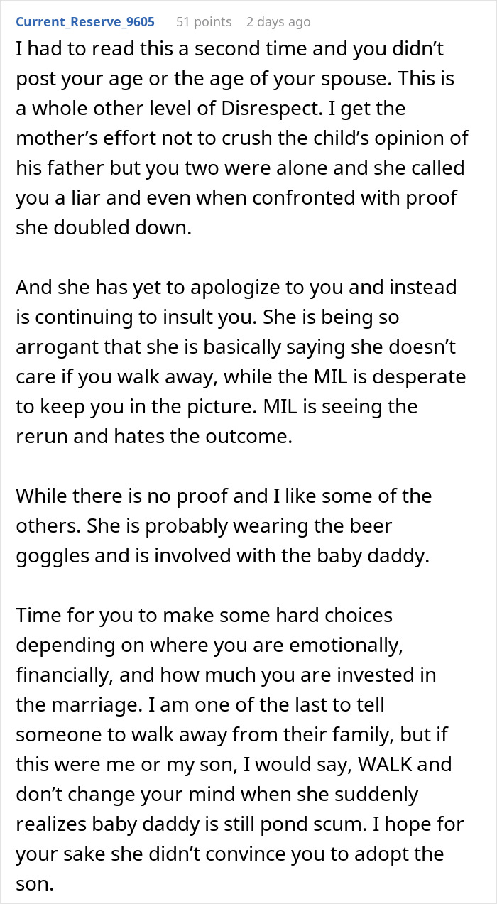 Text comment discussing a wife's disbelief in her husband's accusations about her ex being deceitful. Text comment discussing a wife's disbelief in her husband's accusations about her ex being deceitful.