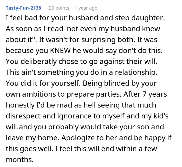Text screenshot discussing upset woman over stepdaughter leaving $10K party. Text screenshot discussing upset woman over stepdaughter leaving $10K party.
