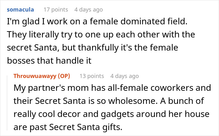 Discussion about female employees and Secret Santa experiences in a workplace forum. Discussion about female employees and Secret Santa experiences in a workplace forum.