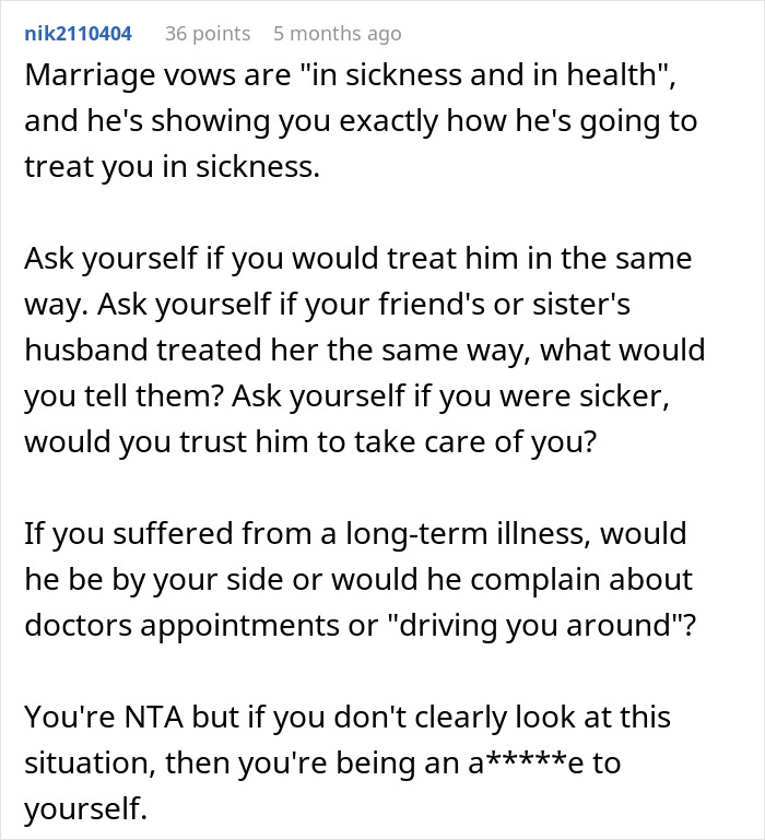 Text discussing relationship expectations and trust during illness, highlighting the husband's defensiveness. Text discussing relationship expectations and trust during illness, highlighting the husband's defensiveness.