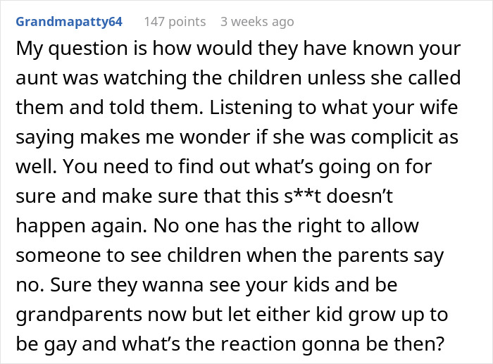 Text comment discussing aunt and grandparents' drama about allowing children visits. Text comment discussing aunt and grandparents' drama about allowing children visits.