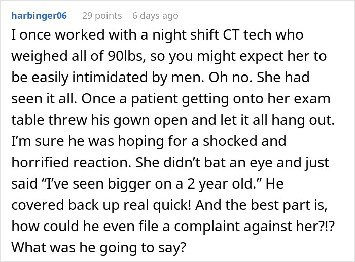 Text conversation about a night shift CT tech handling a provocative patient confidently. Text conversation about a night shift CT tech handling a provocative patient confidently.
