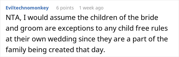 Comment on Reddit about bride's child exemption at a child-free wedding. Comment on Reddit about bride's child exemption at a child-free wedding.