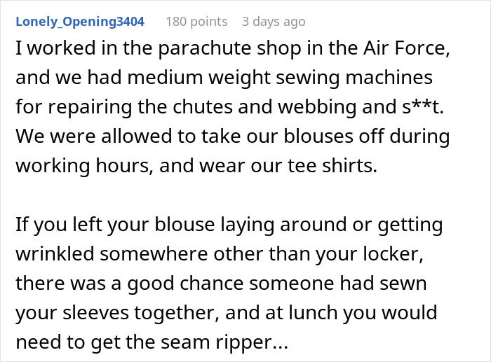 Air Force parachute shop prank story, detailing sewing tricks on unattended clothing, reminiscent of camp mate antics. Air Force parachute shop prank story, detailing sewing tricks on unattended clothing, reminiscent of camp mate antics.
