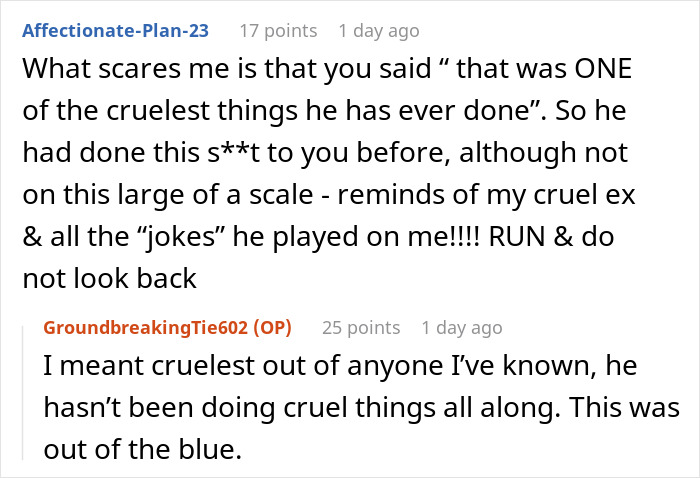 Screenshot of a conversation about a fiance's surprise house prank. Screenshot of a conversation about a fiance's surprise house prank.