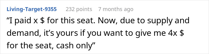Text conversation about entitled plane passenger denying seat; offering it for 4x price. Text conversation about entitled plane passenger denying seat; offering it for 4x price.