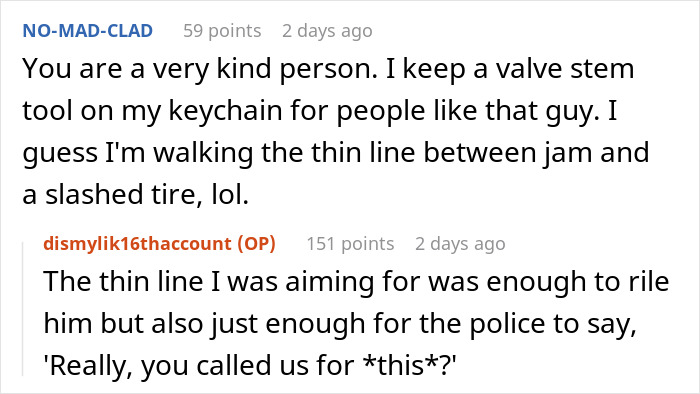 Reddit comments discussing a woman's creative response to illegal parking, with humor about balancing police involvement. Reddit comments discussing a woman's creative response to illegal parking, with humor about balancing police involvement.