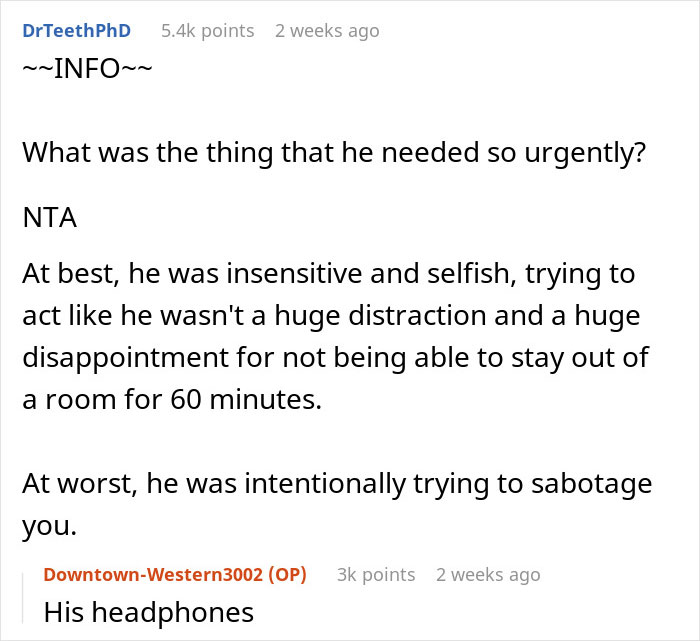 Text exchange discussing a woman's job test interruption by her husband needing headphones. Text exchange discussing a woman's job test interruption by her husband needing headphones.