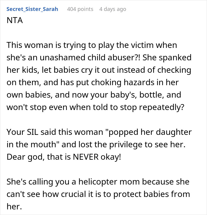 Text discussing why a woman does not allow MIL to see baby, highlighting safety concerns and past behavior. Text discussing why a woman does not allow MIL to see baby, highlighting safety concerns and past behavior.