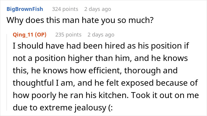 Comments discussing jealousy and tension after a boss assumes an employee got fired. Comments discussing jealousy and tension after a boss assumes an employee got fired.
