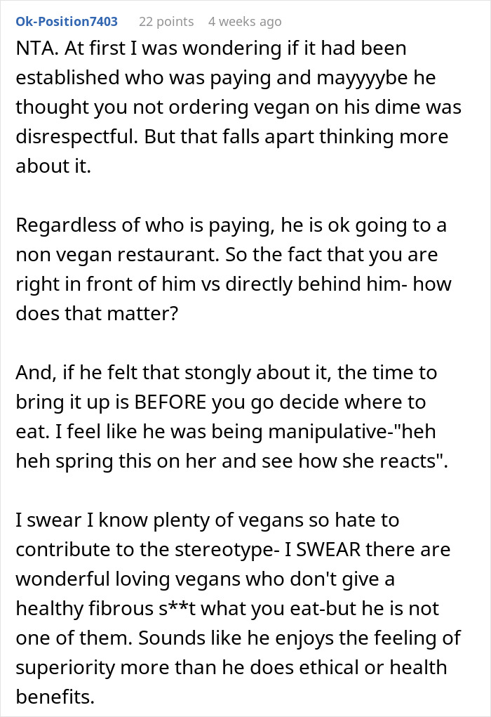 Text from a Reddit user discussing a woman's choice to order a meat burger on a date with a vegan. Text from a Reddit user discussing a woman's choice to order a meat burger on a date with a vegan.