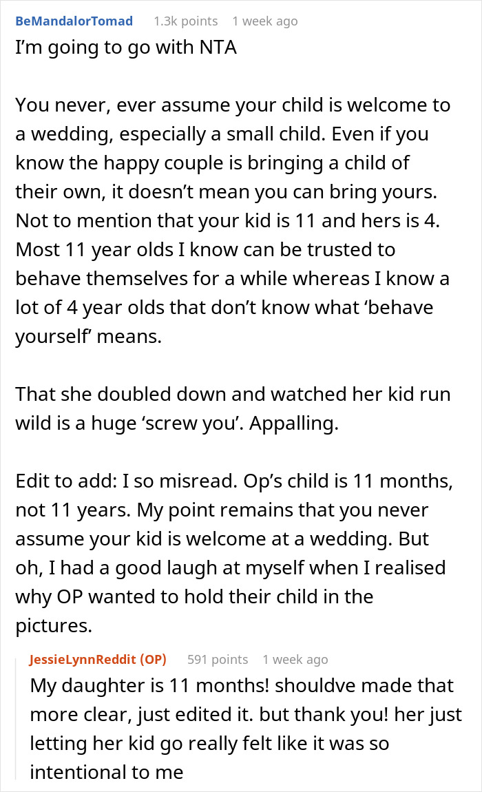 Reddit comments discussing a bride being called hypocritical for bringing her baby to a child-free wedding. Reddit comments discussing a bride being called hypocritical for bringing her baby to a child-free wedding.