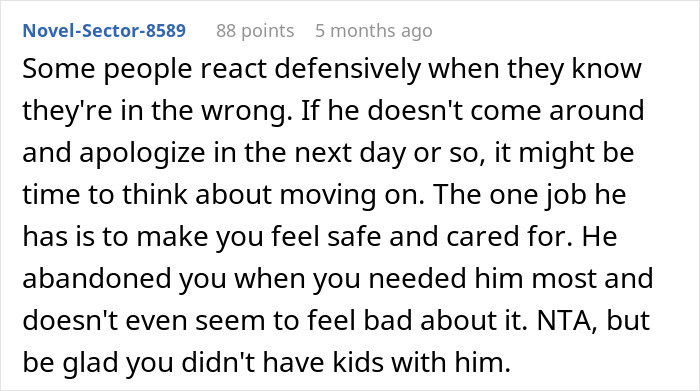 Comment discussing husband being defensive after leaving wife during surgery. Comment discussing husband being defensive after leaving wife during surgery.