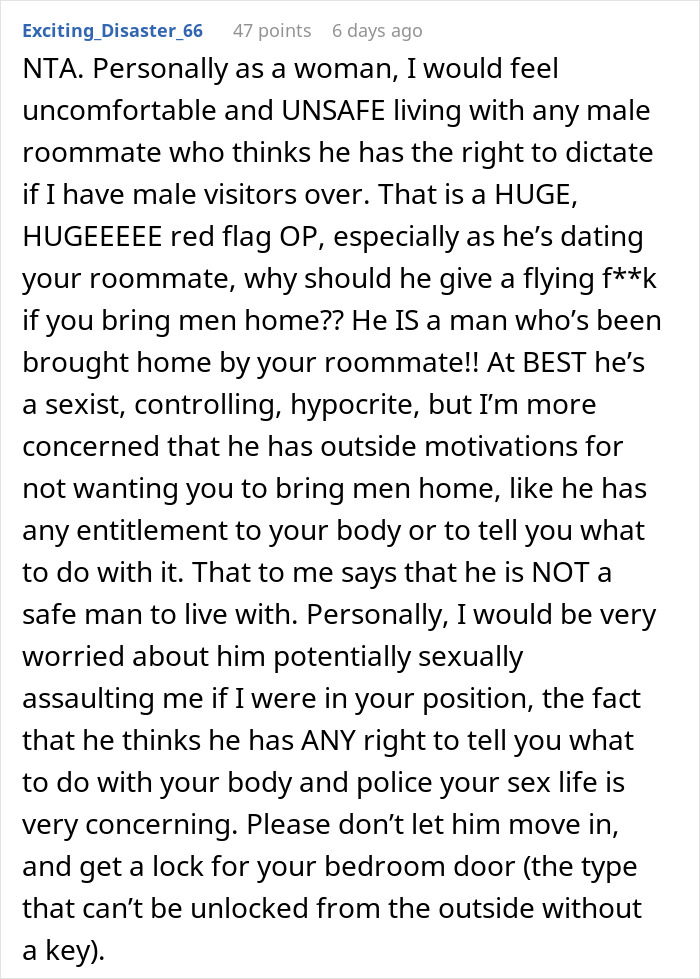 Text message discussing a woman's refusal to allow a roommate's boyfriend to move in, citing safety concerns and controlling behavior. Text message discussing a woman's refusal to allow a roommate's boyfriend to move in, citing safety concerns and controlling behavior.