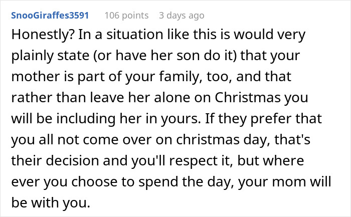 Text discussion about MIL addressing Christmas request regarding family inclusion. Text discussion about MIL addressing Christmas request regarding family inclusion.