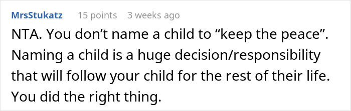 Comment discussing the responsibility of naming a baby, emphasizing personal choice over tradition. Comment discussing the responsibility of naming a baby, emphasizing personal choice over tradition.