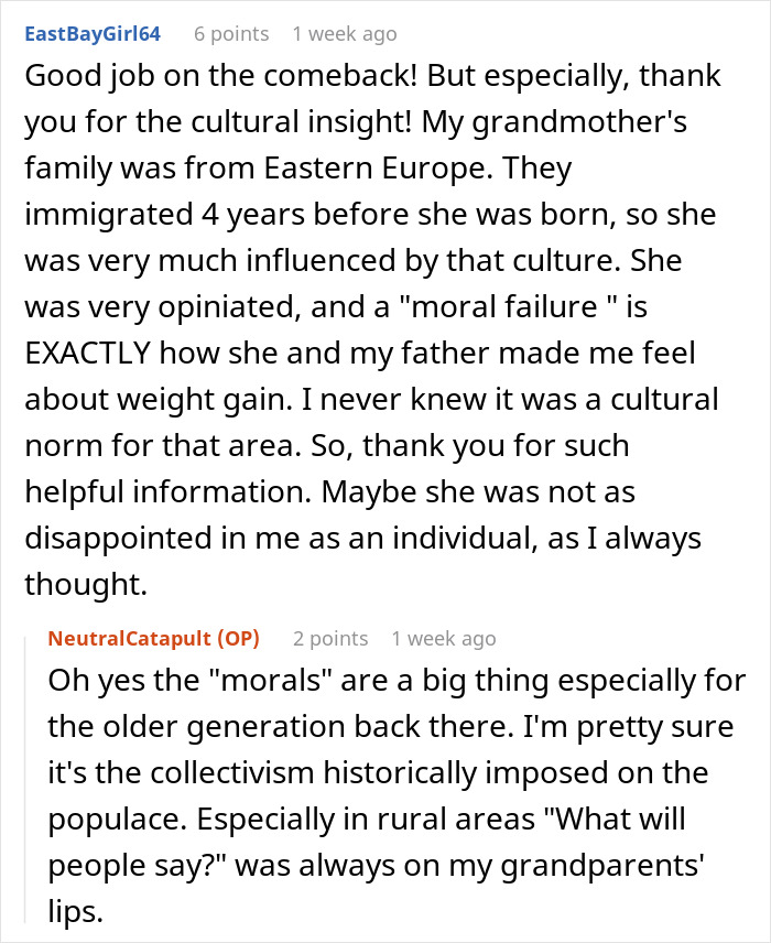 Reddit discussion on cultural insights related to fat-shaming comeback, featuring user comments. Reddit discussion on cultural insights related to fat-shaming comeback, featuring user comments.