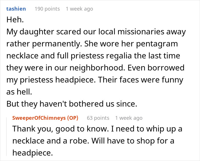 Text exchange about a child wearing priestess attire to deter persistent Mormons. Text exchange about a child wearing priestess attire to deter persistent Mormons.