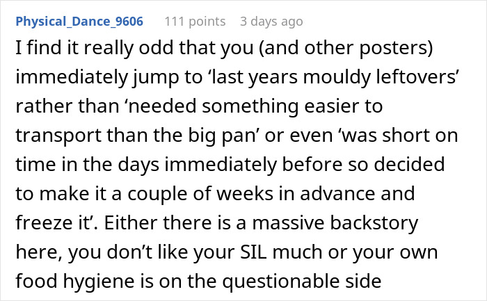 Comment discussing Thanksgiving dish and food hygiene concerns. Comment discussing Thanksgiving dish and food hygiene concerns.