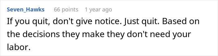 Reddit comment about quitting jobs without notice, mentions employer decisions like reducing hours for motorcycle purchase. Reddit comment about quitting jobs without notice, mentions employer decisions like reducing hours for motorcycle purchase.