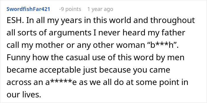 Screenshot of a Reddit comment discussing the acceptability of calling women mean names. Screenshot of a Reddit comment discussing the acceptability of calling women mean names.