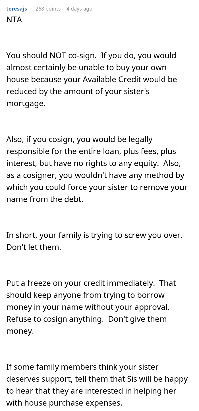Reddit comment advising a woman to protect her finances by not cosigning her sister's loan. Reddit comment advising a woman to protect her finances by not cosigning her sister's loan.