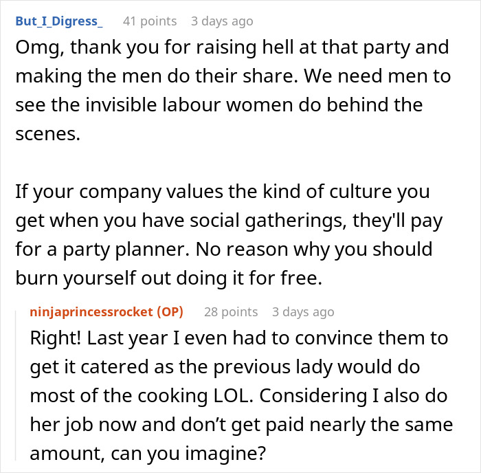 Comments discussing gender roles and unpaid labor at an office Christmas party. Comments discussing gender roles and unpaid labor at an office Christmas party.