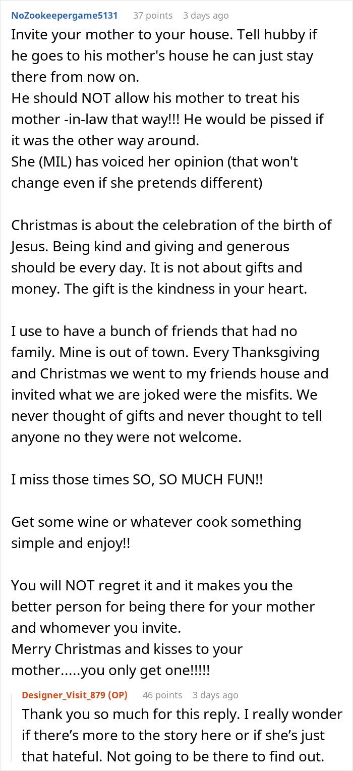 Text exchange about MIL's response to a Christmas request; user expresses disappointment and support for family inclusion. Text exchange about MIL's response to a Christmas request; user expresses disappointment and support for family inclusion.