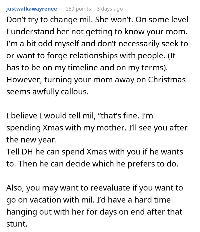 Text from a forum post discussing a MIL and her refusal of a Christmas request. Text from a forum post discussing a MIL and her refusal of a Christmas request.