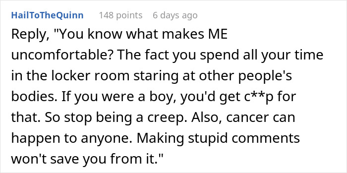 Image of a comment discussing discomfort in the locker room and addressing inappropriate behavior. Image of a comment discussing discomfort in the locker room and addressing inappropriate behavior.