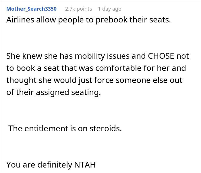 Discussion about refusing seat switch with elderly person claiming mobility issues. Discussion about refusing seat switch with elderly person claiming mobility issues.