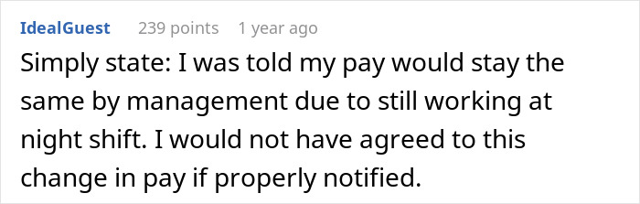 Comment discussing employer demands related to pay change due to night shift work. Comment discussing employer demands related to pay change due to night shift work.
