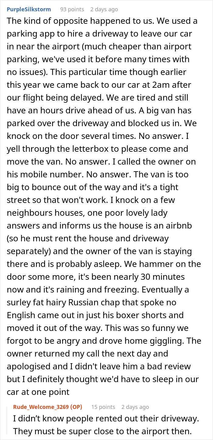 Text conversation about parking issues and blocked driveway, mentioning Airbnb rental near an airport. Text conversation about parking issues and blocked driveway, mentioning Airbnb rental near an airport.