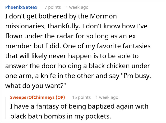 Text dialogue discussing humorous fantasies involving Mormon missionaries and black bath bombs. Text dialogue discussing humorous fantasies involving Mormon missionaries and black bath bombs.