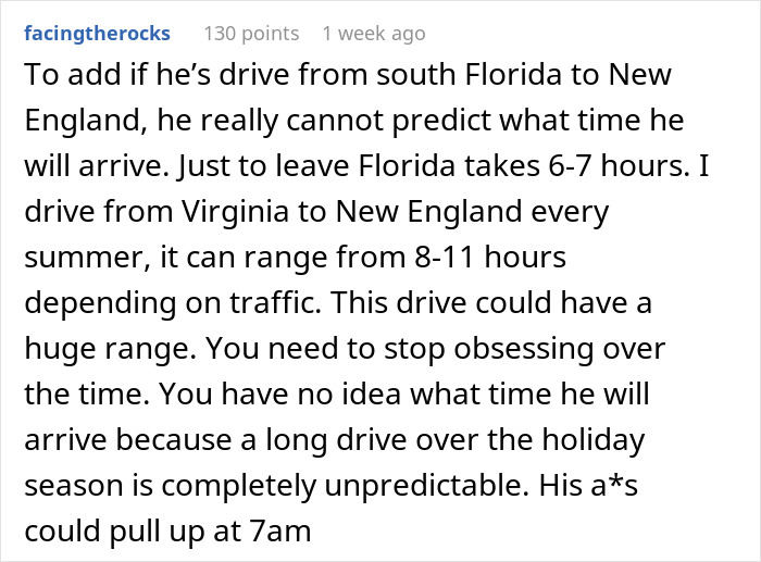 Text discussing unpredictable travel time during holiday season affecting a couple's plans. Text discussing unpredictable travel time during holiday season affecting a couple's plans.