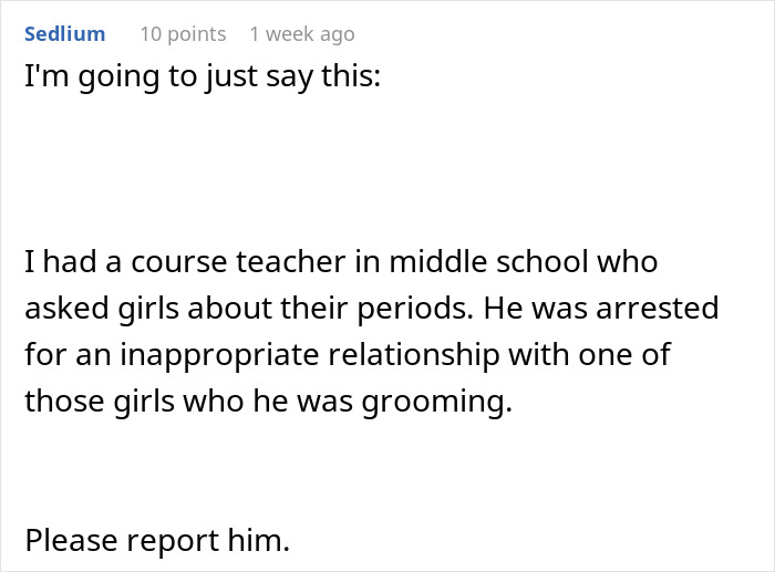 Text discussing teacher misconduct related to periods, urging to report inappropriate behavior. Text discussing teacher misconduct related to periods, urging to report inappropriate behavior.