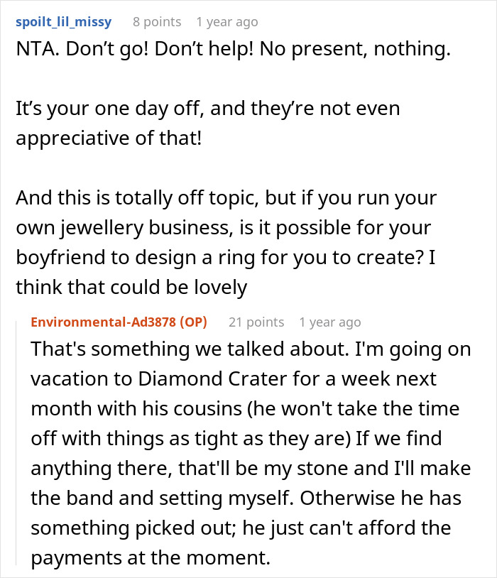Text exchange about a family's audacity involving wedding chores, jewelry business suggestion, and vacation plans. Text exchange about a family's audacity involving wedding chores, jewelry business suggestion, and vacation plans.