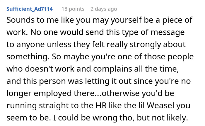 Text exchange about being fired, sharing thoughts on work complaints and assumptions after job departure. Text exchange about being fired, sharing thoughts on work complaints and assumptions after job departure.