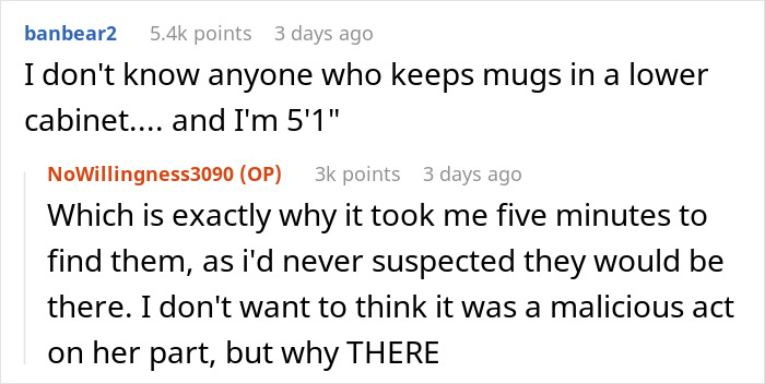 Screenshot of a Reddit comment thread discussing kitchen cabinet organization with humorous exchanges. Screenshot of a Reddit comment thread discussing kitchen cabinet organization with humorous exchanges.