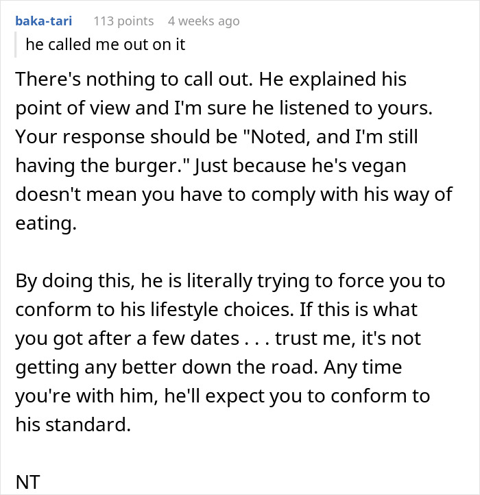 Text exchange discussing a woman being labeled tactless for ordering a meat burger on a date with a vegan. Text exchange discussing a woman being labeled tactless for ordering a meat burger on a date with a vegan.