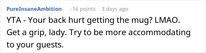 Online comment criticizing someone for being unaccommodating with guests. Online comment criticizing someone for being unaccommodating with guests.