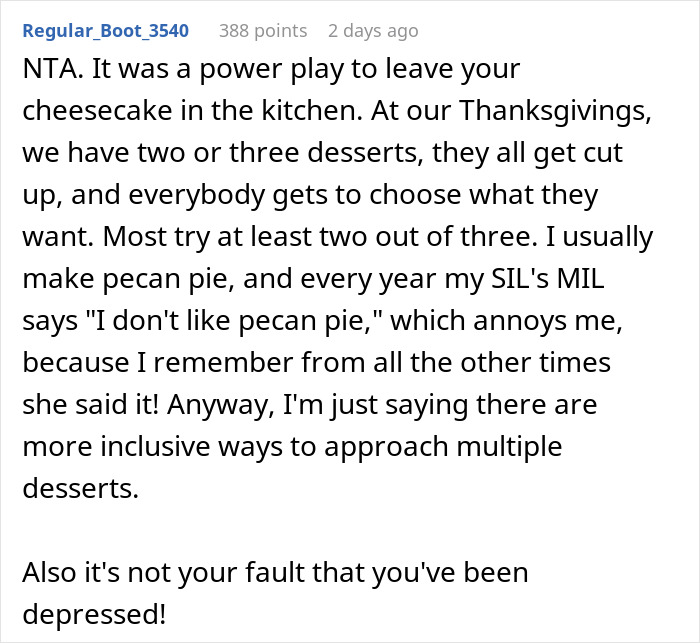 Reddit comment about Thanksgiving dessert choices and inclusivity with desserts like cheesecake and pecan pie. Reddit comment about Thanksgiving dessert choices and inclusivity with desserts like cheesecake and pecan pie.