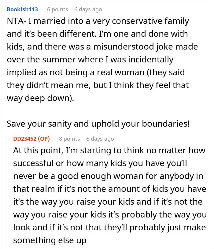 Text exchange about being a non-traditional mother in a conservative family, discussing boundaries and judgments. Text exchange about being a non-traditional mother in a conservative family, discussing boundaries and judgments.