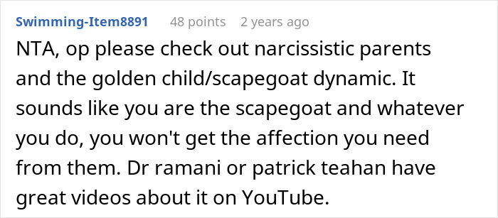 Reddit comment discussing narcissistic parents and the golden child/scapegoat dynamic, offering YouTube resources. Reddit comment discussing narcissistic parents and the golden child/scapegoat dynamic, offering YouTube resources.