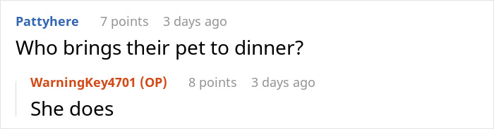 Reddit comment thread discussing bringing pets to dinner. Reddit comment thread discussing bringing pets to dinner.