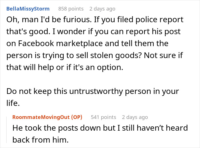 Chat comments discussing a roommate selling stolen stuff on Facebook Marketplace. Chat comments discussing a roommate selling stolen stuff on Facebook Marketplace.