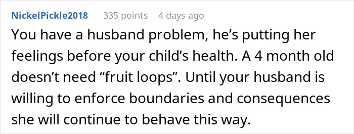 Text comment about husband prioritizing his mother's feelings over child's health. Text comment about husband prioritizing his mother's feelings over child's health.